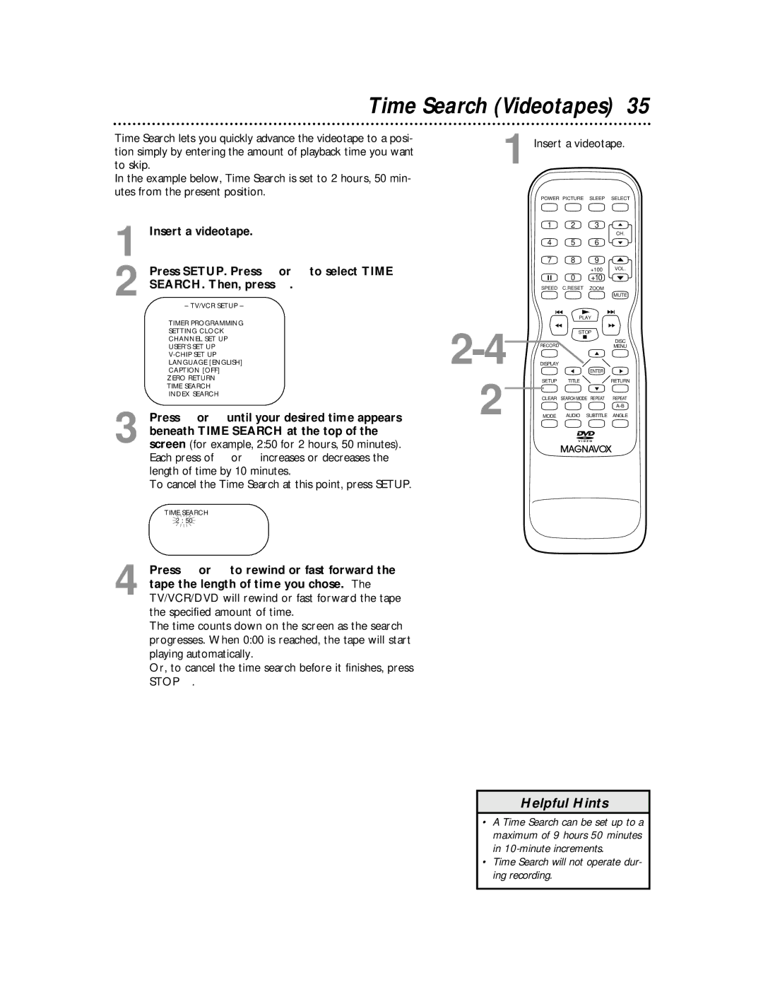 Magnavox 27MDTR10S owner manual Time Search Videotapes 