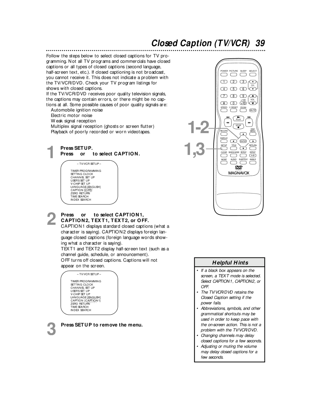 Magnavox 27MDTR10S owner manual Closed Caption TV/VCR, Press Setup Press or to select Caption 