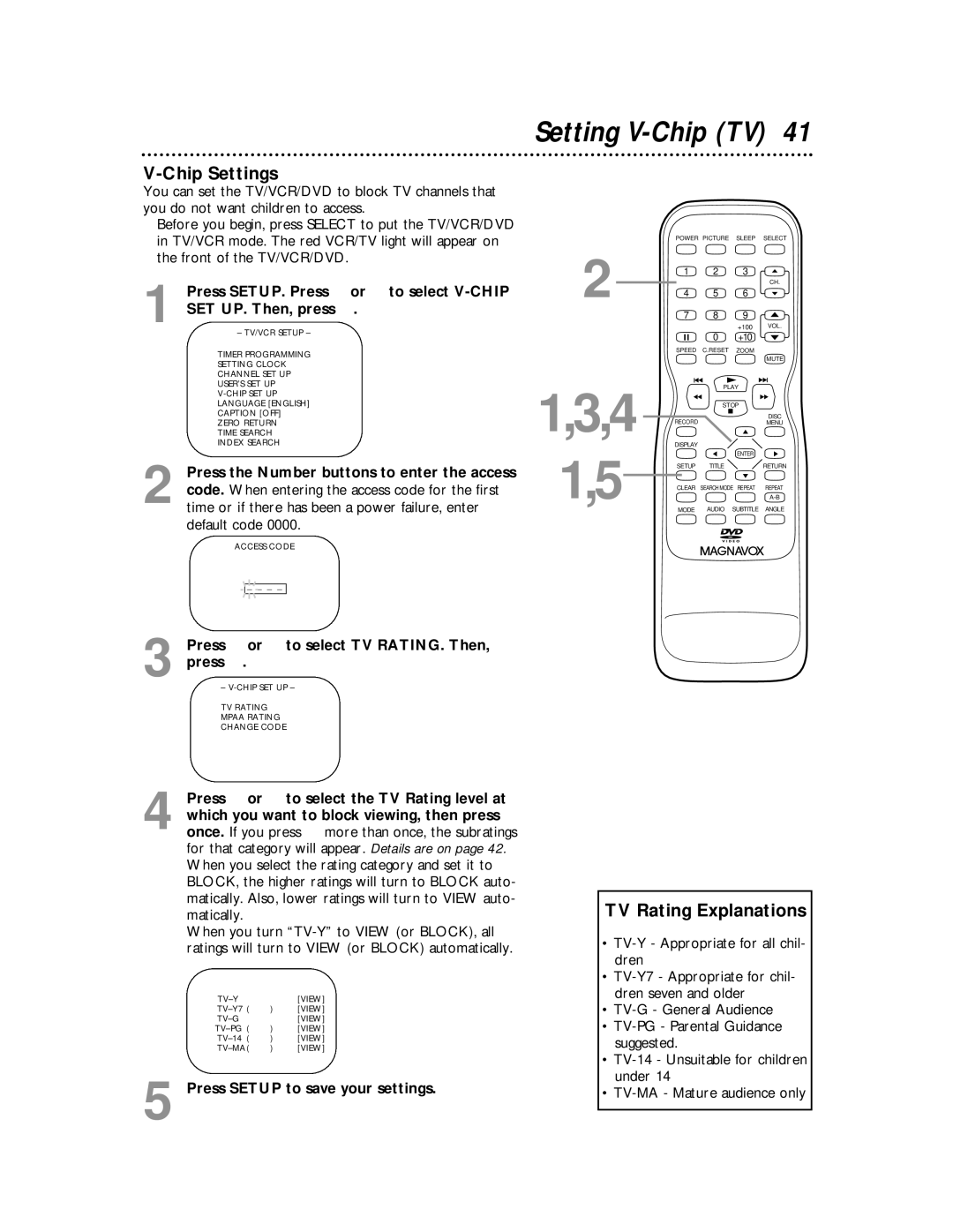 Magnavox 27MDTR10S owner manual Setting V-Chip TV, Chip Settings, TV Rating Explanations 