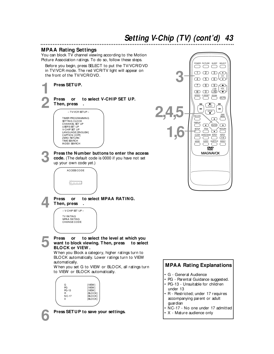 Magnavox 27MDTR10S owner manual Setting V-Chip TV cont’d, Mpaa Rating Settings, Mpaa Rating Explanations 