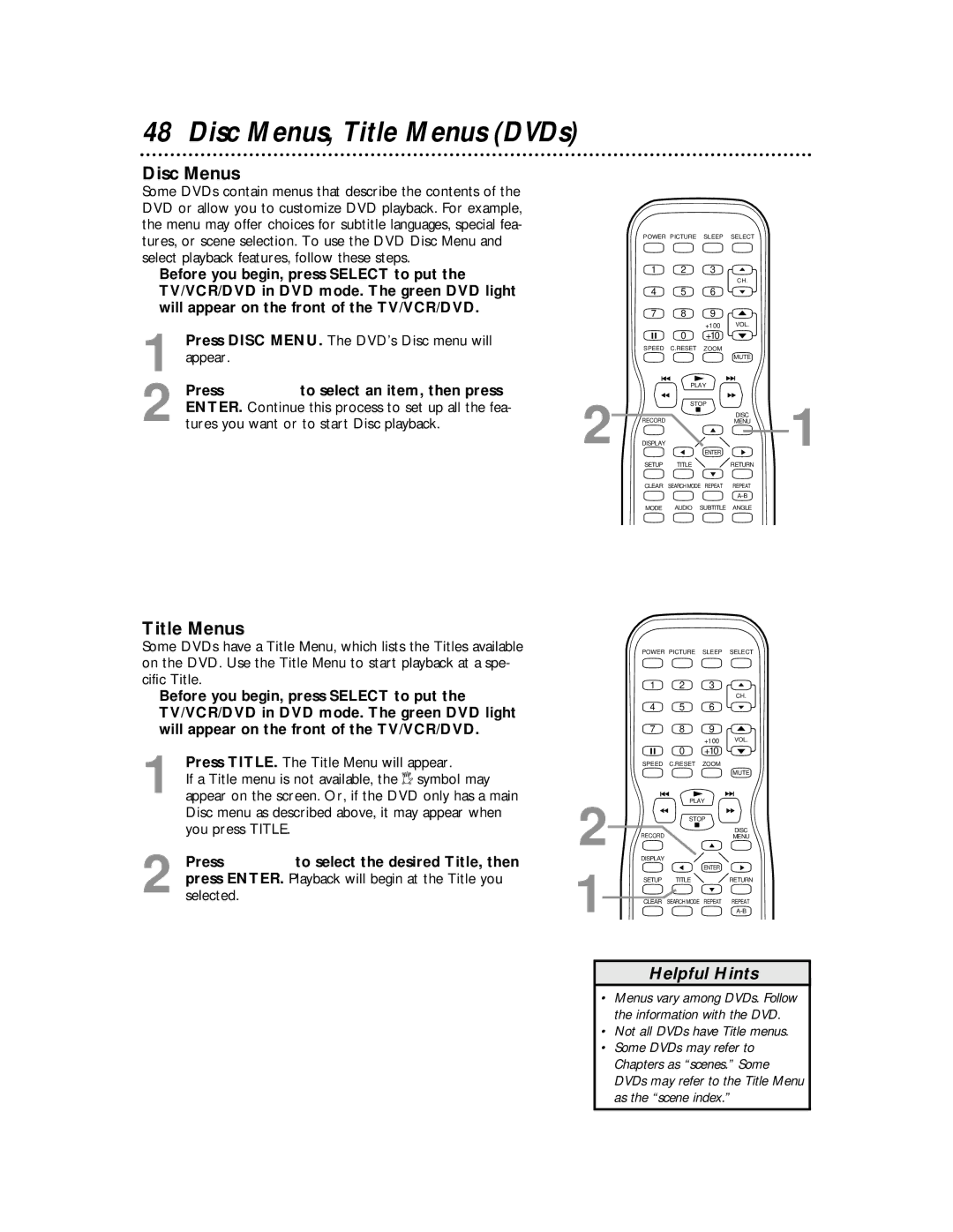 Magnavox 27MDTR10S owner manual Disc Menus, Title Menus DVDs, Press s B to select an item, then press 