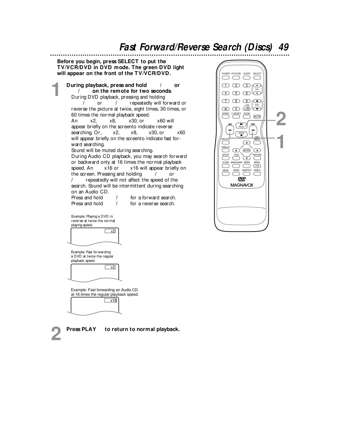 Magnavox 27MDTR10S owner manual Fast Forward/Reverse Search Discs, Dx16 