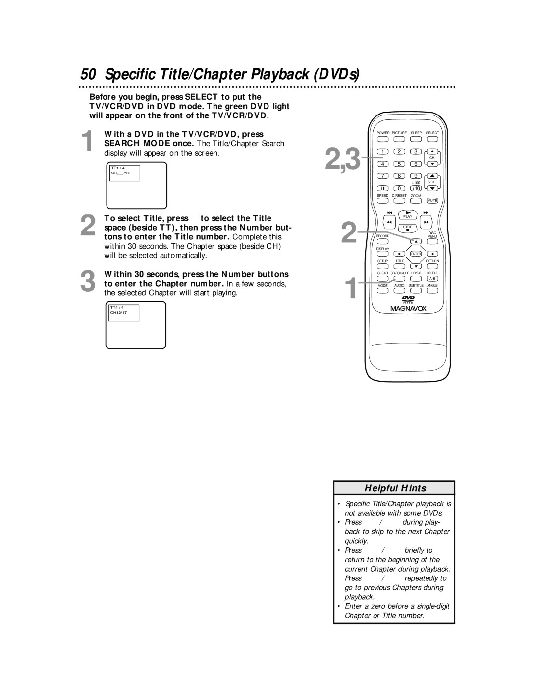 Magnavox 27MDTR10S owner manual Specific Title/Chapter Playback DVDs, TT4 CH12/17 