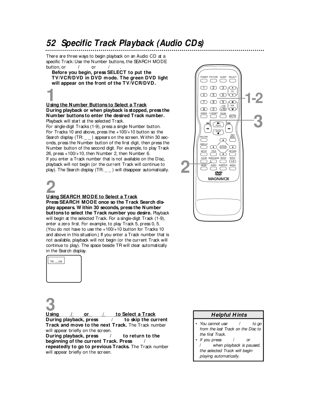 Magnavox 27MDTR10S owner manual Specific Track Playback Audio CDs, Using Search Mode to Select a Track 