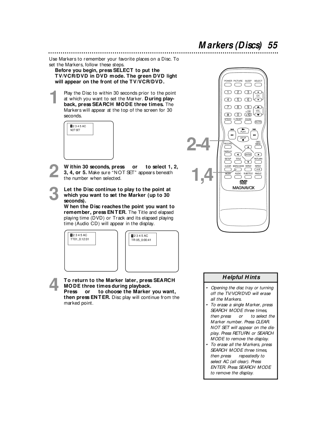 Magnavox 27MDTR10S owner manual Markers Discs, Time Audio CD will appear in the display, Marked point 