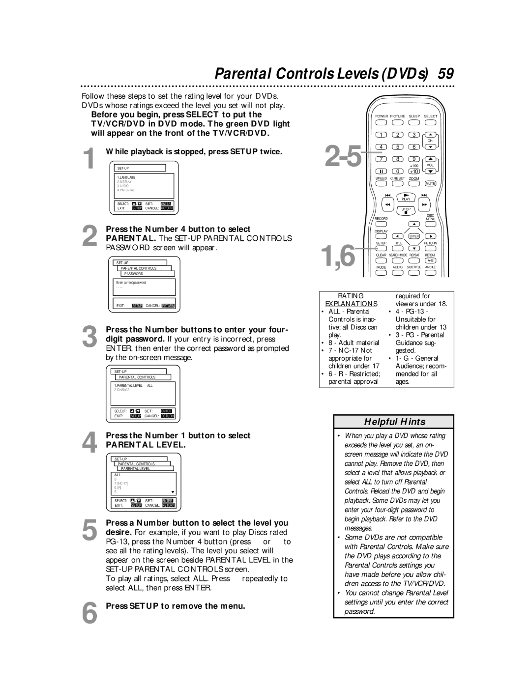 Magnavox 27MDTR10S owner manual Parental Controls Levels DVDs, Press the Number 1 button to select 