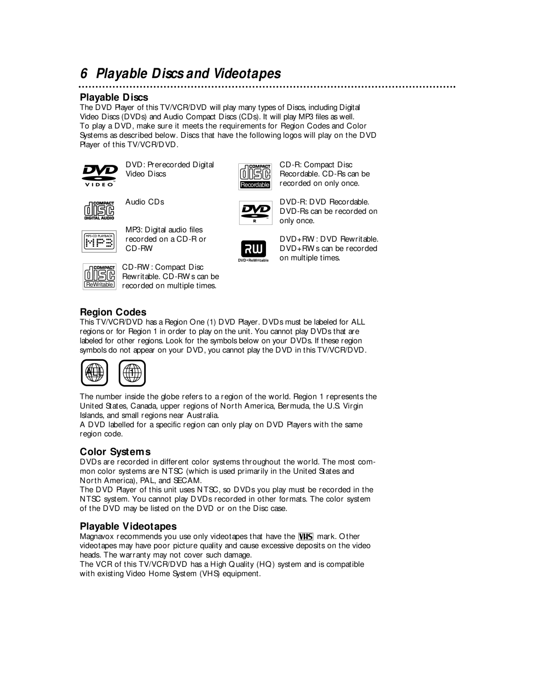 Magnavox 27MDTR10S owner manual Playable Discs, Region Codes, Color Systems, Playable Videotapes 