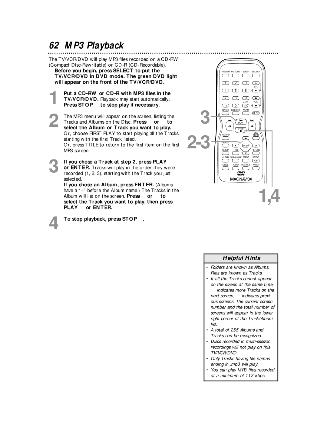 Magnavox 27MDTR10S owner manual 62 MP3 Playback 