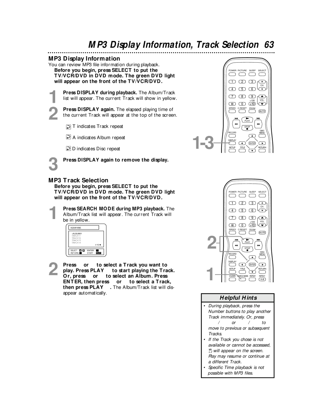 Magnavox 27MDTR10S owner manual MP3 Display Information, Track Selection, MP3 Track Selection 