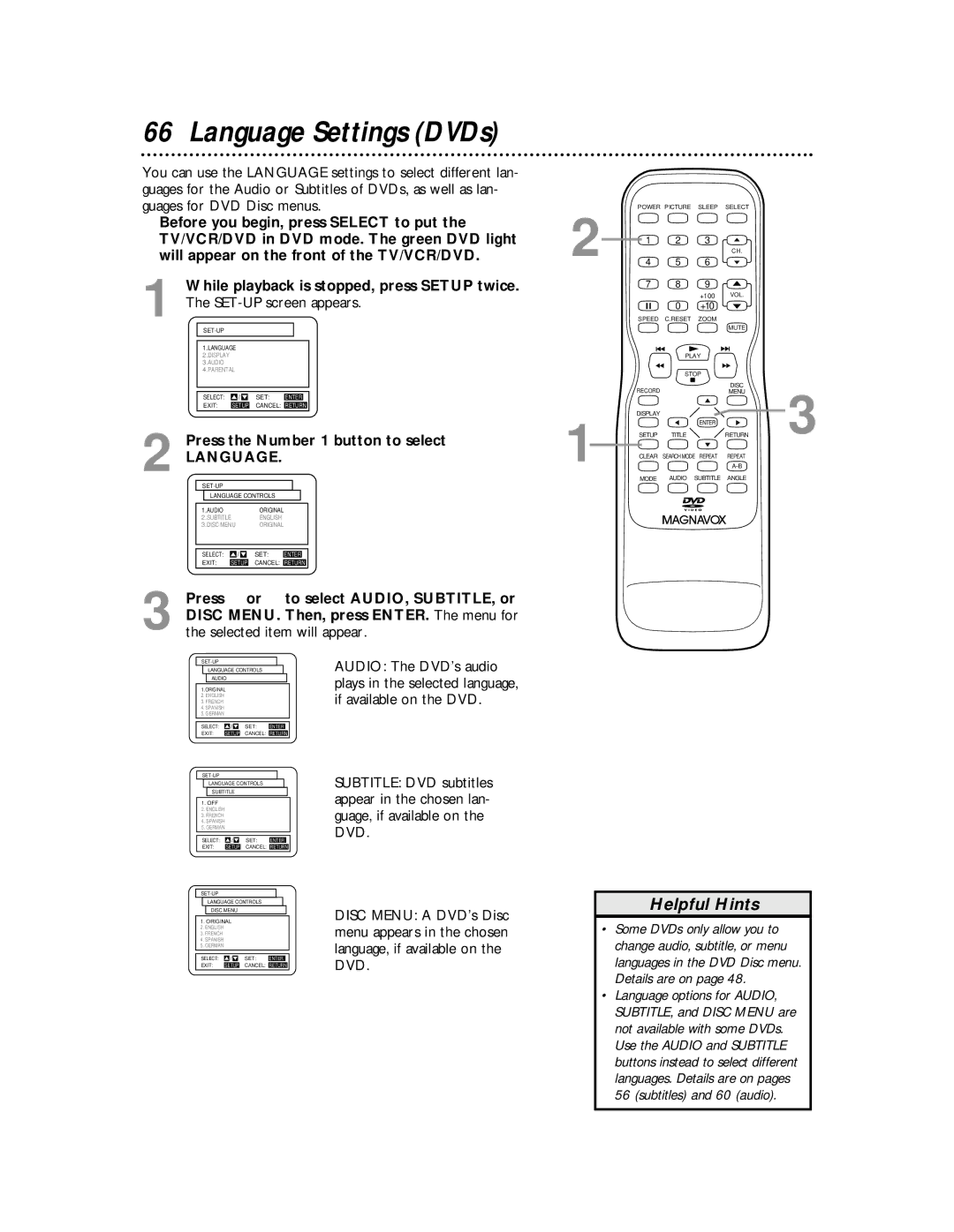 Magnavox 27MDTR10S owner manual Language Settings DVDs 