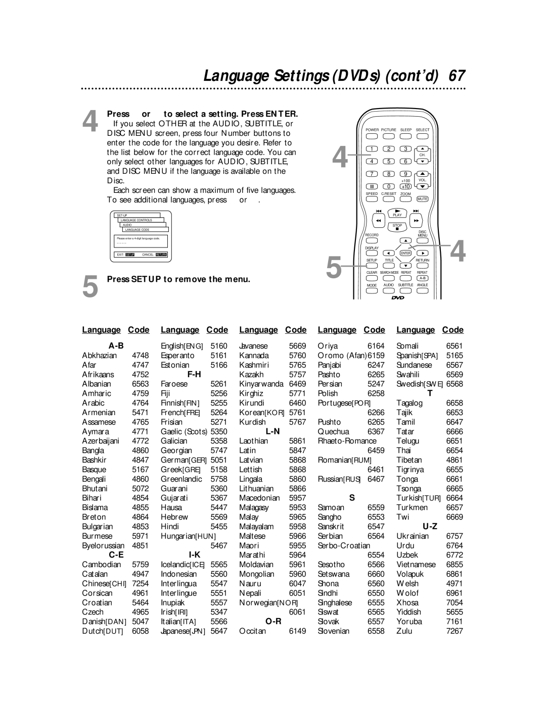 Magnavox 27MDTR10S owner manual Language Settings DVDs cont’d, Language Code 