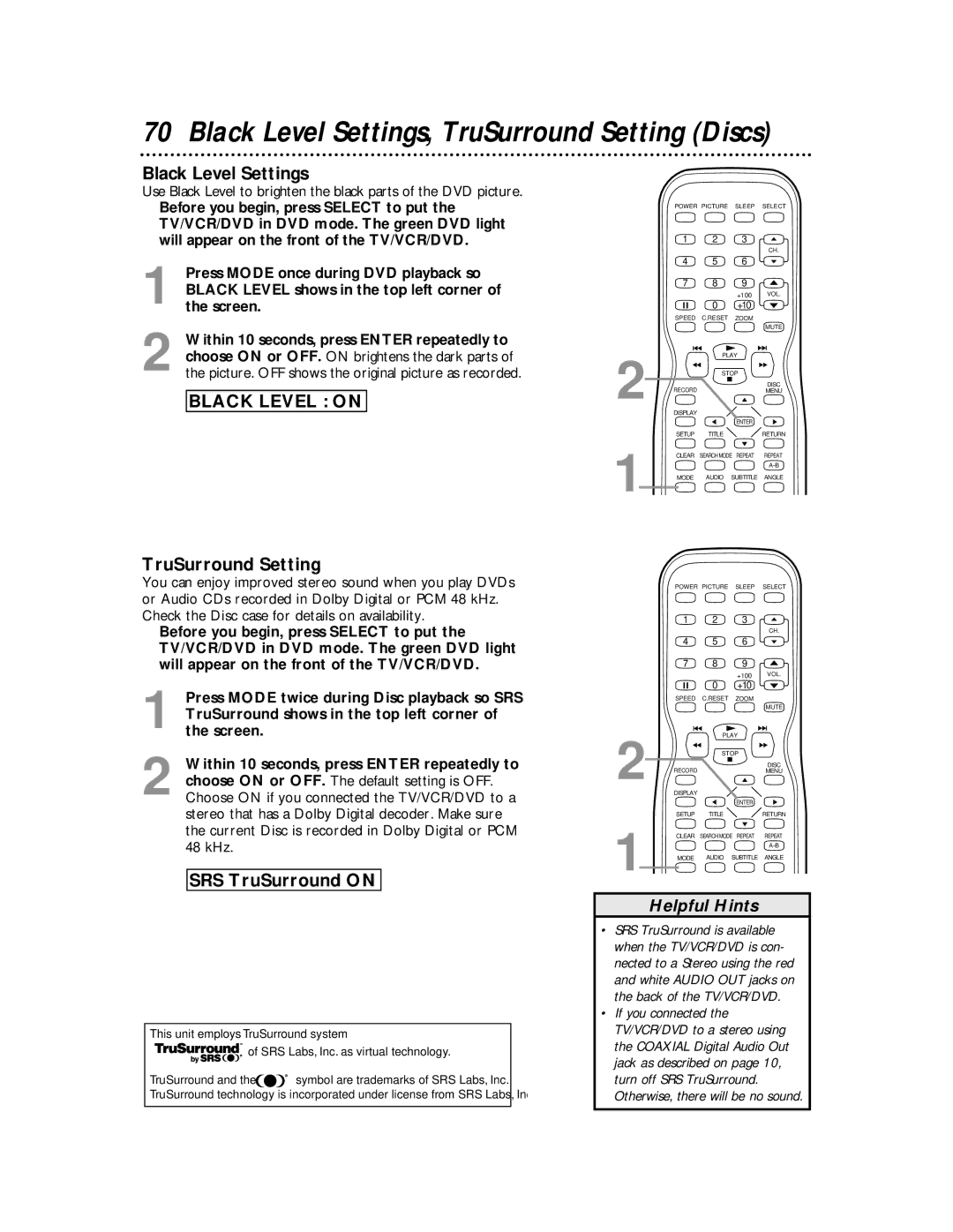 Magnavox 27MDTR10S owner manual Black Level Settings, TruSurround Setting Discs, SRS TruSurround on 