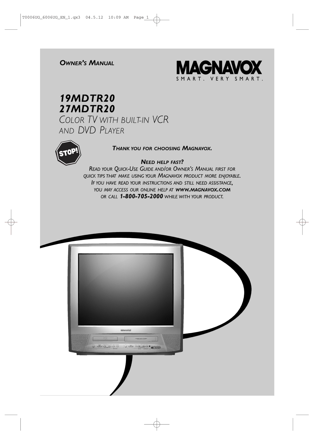 Magnavox owner manual 19MDTR20 27MDTR20, Color TV with BUILT-IN VCR 