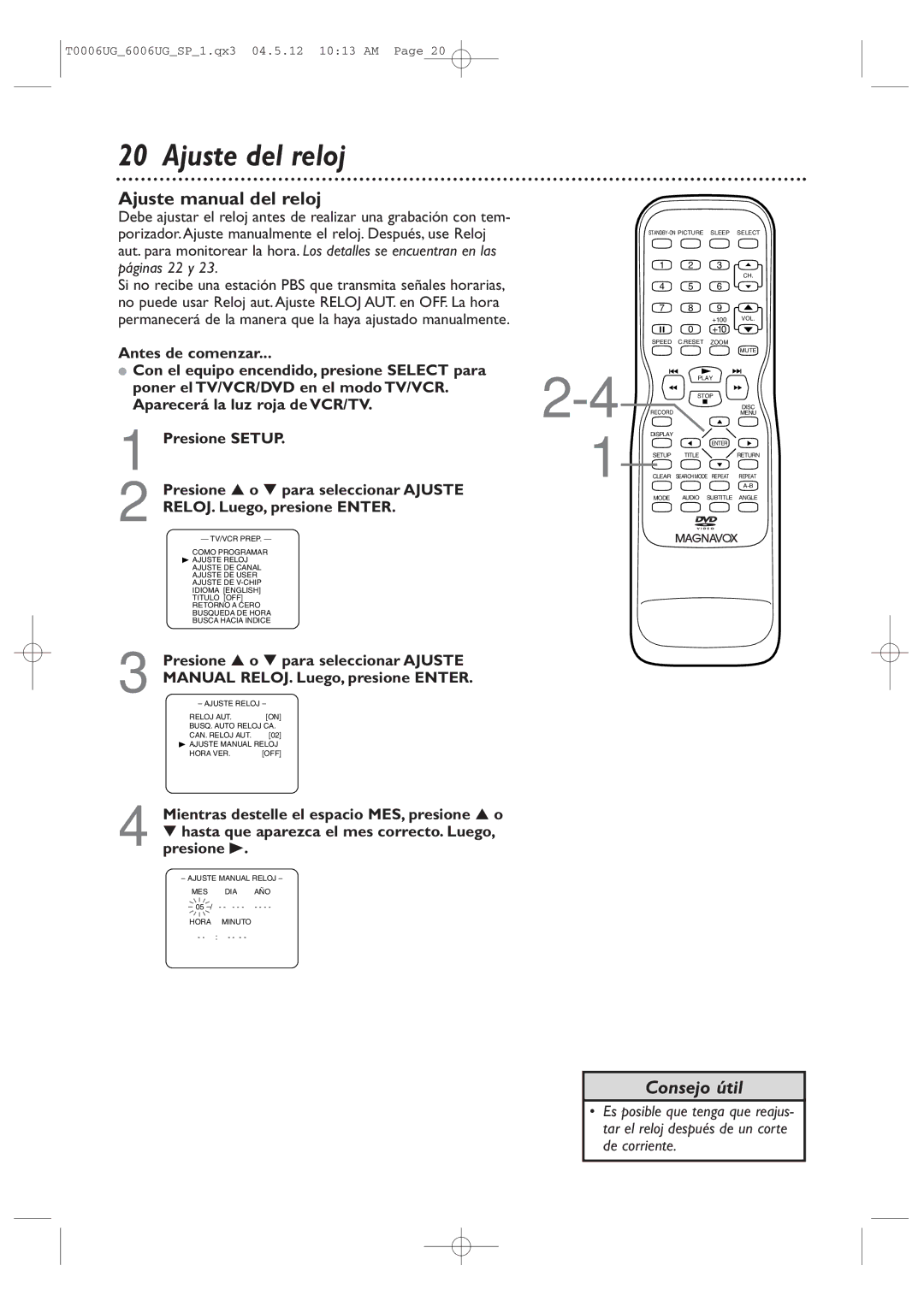 Magnavox 27MDTR20 owner manual Ajuste del reloj, Ajuste manual del reloj, Manual RELOJ. Luego, presione Enter 