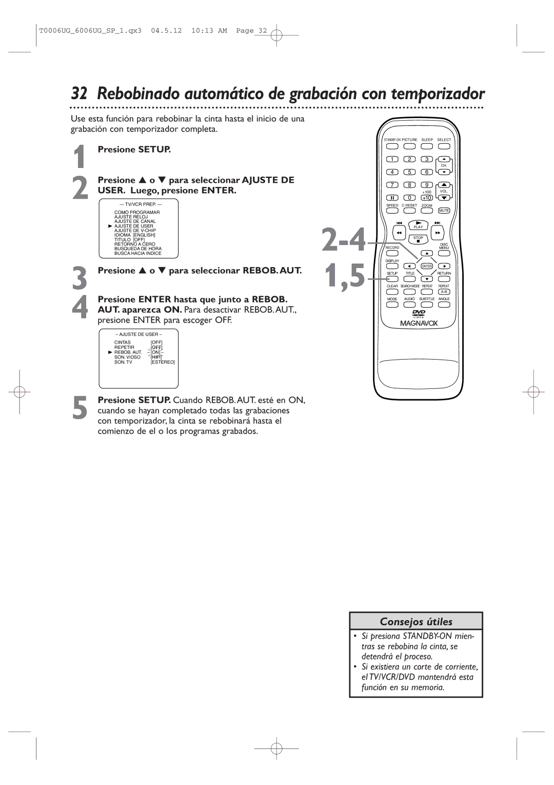 Magnavox 27MDTR20 owner manual Rebobinado automático de grabación con temporizador 