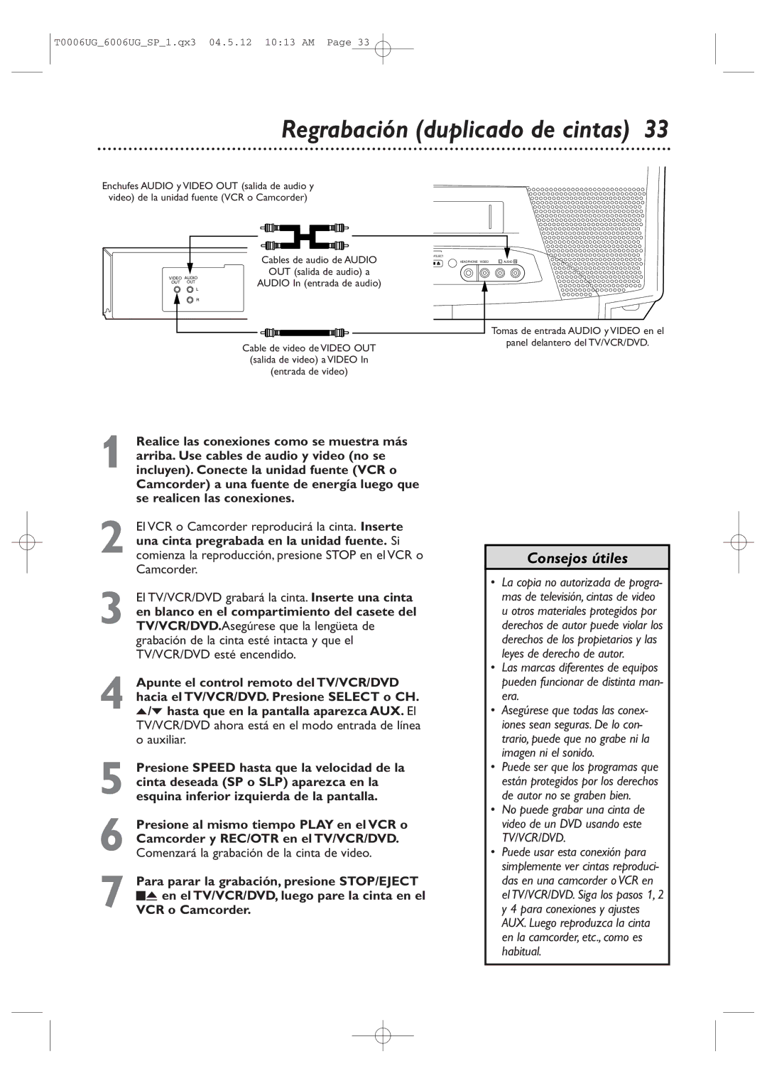 Magnavox 27MDTR20 owner manual Regrabación duplicado de cintas 