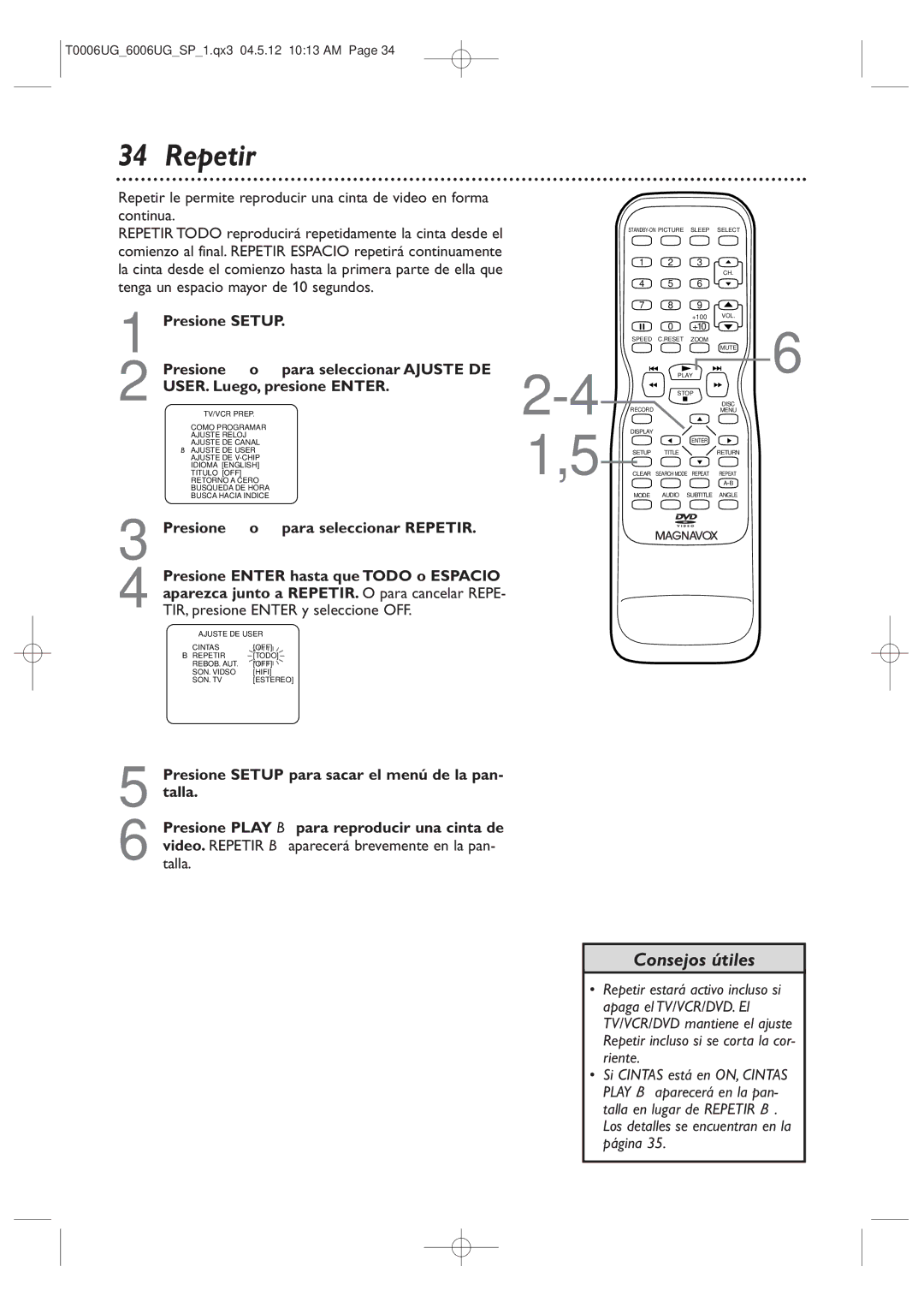 Magnavox 27MDTR20 owner manual Repetir, TV/VCR Prep Como Programar Ajuste Reloj Ajuste DE Canal 