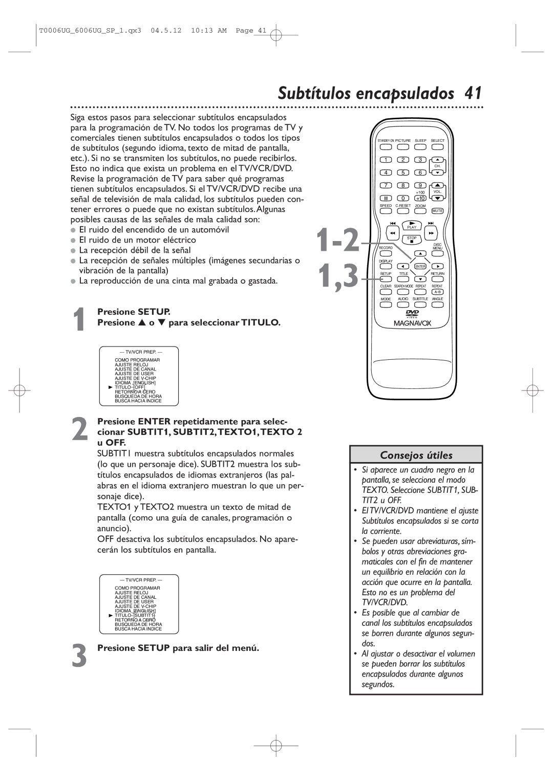 Magnavox 27MDTR20 owner manual Subtítulos encapsulados, De subtítulos segundo idioma, texto de mitad de pantalla 