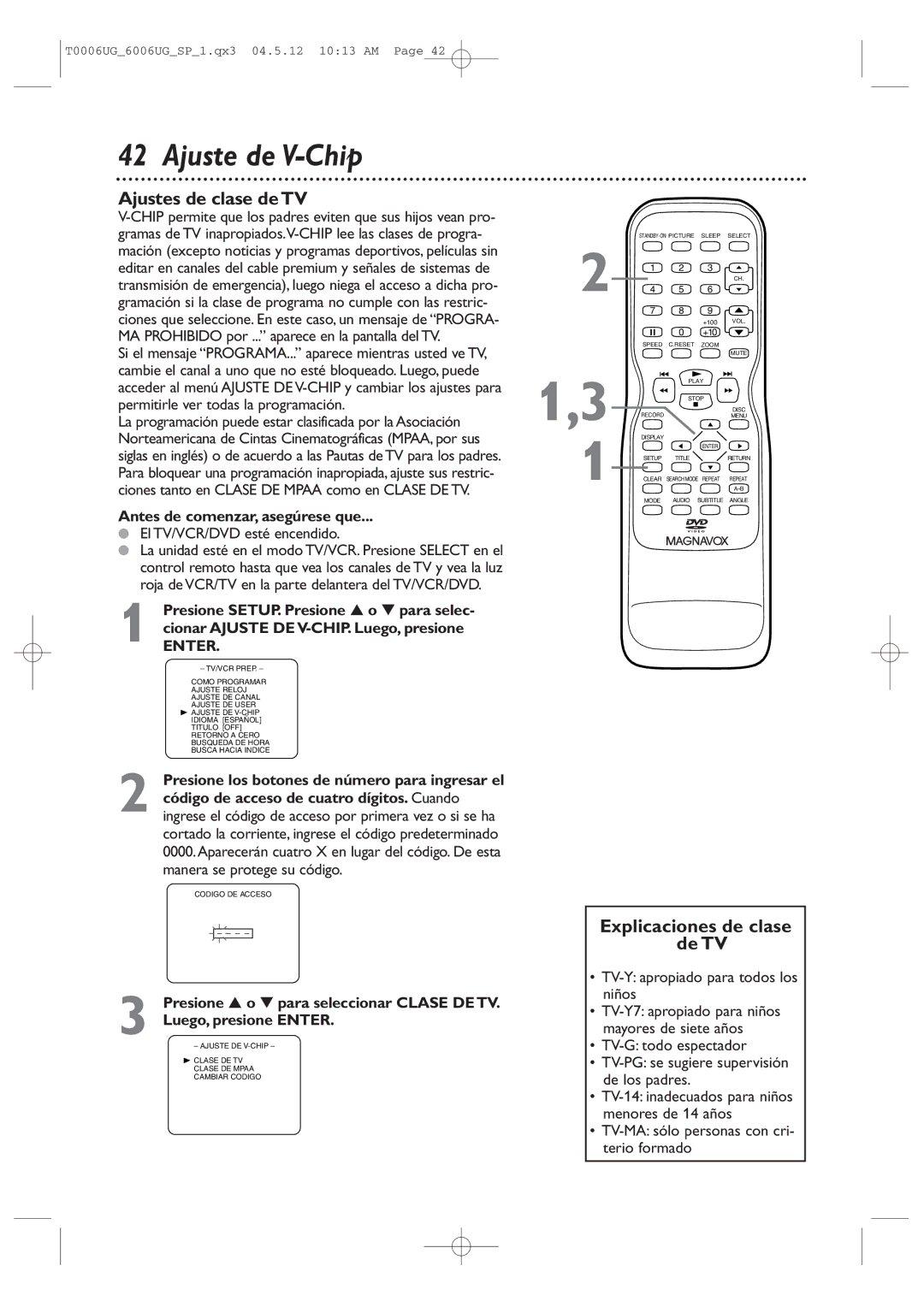 Magnavox 27MDTR20 Ajuste de V-Chip, Ajustes de clase de TV, Explicaciones de clase de TV, El TV/VCR/DVD esté encendido 