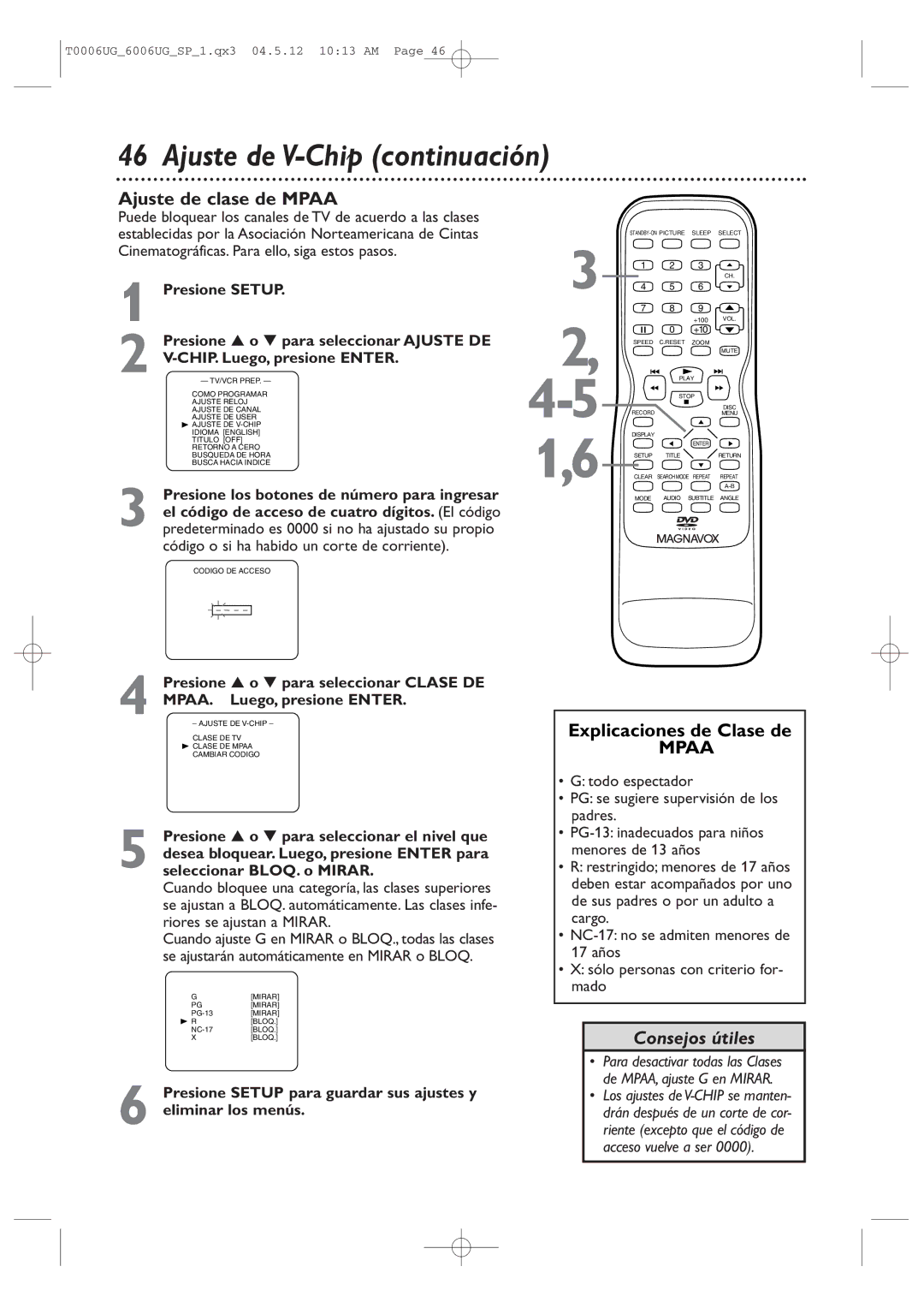 Magnavox 27MDTR20 Ajuste de clase de Mpaa, Explicaciones de Clase de, Seleccionar BLOQ. o Mirar, Riores se ajustan a Mirar 