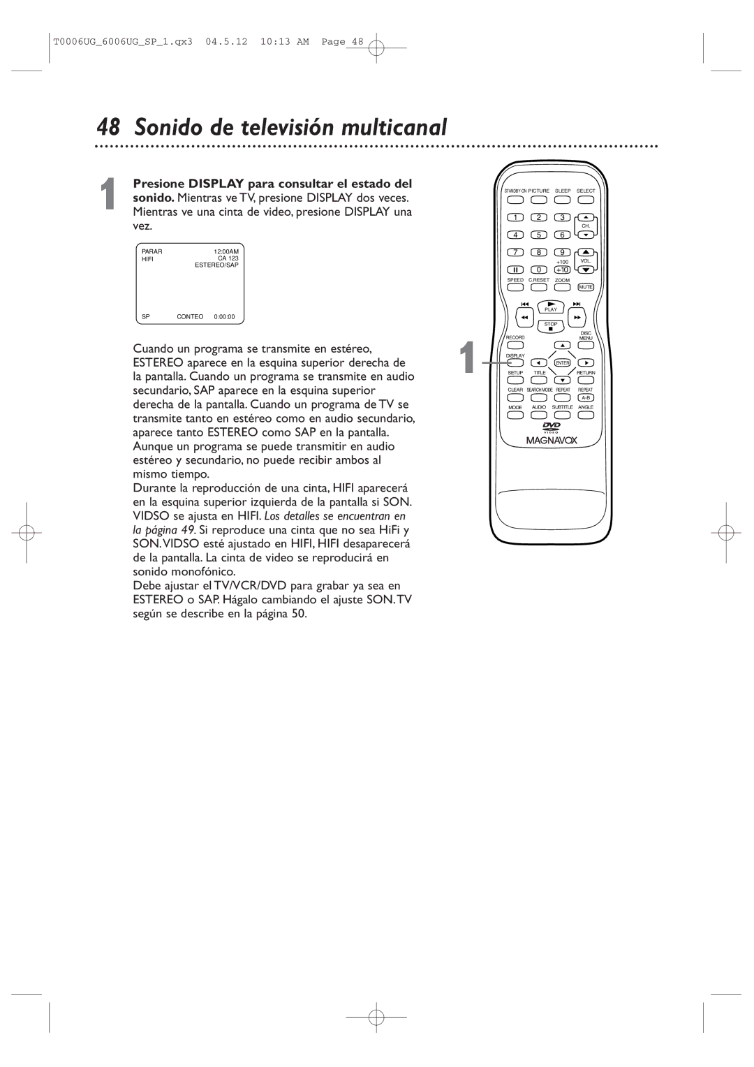 Magnavox 27MDTR20 owner manual Sonido de televisión multicanal 