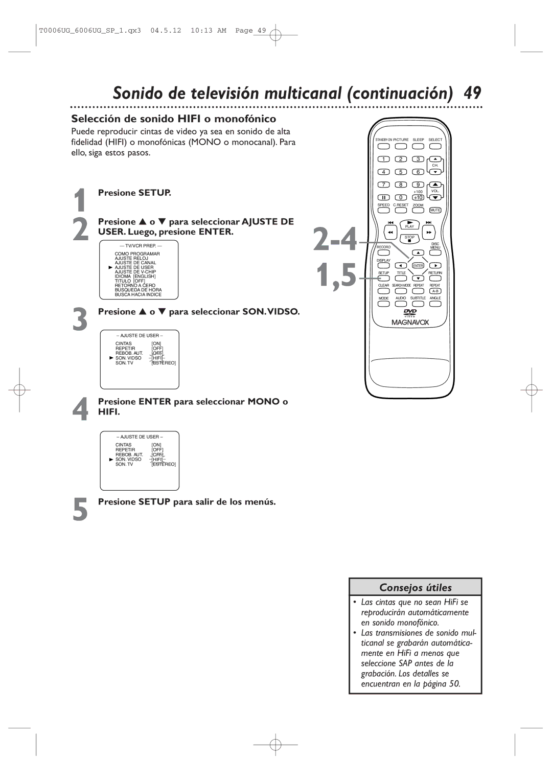 Magnavox 27MDTR20 owner manual Sonido de televisión multicanal continuación, Selección de sonido Hifi o monofónico 