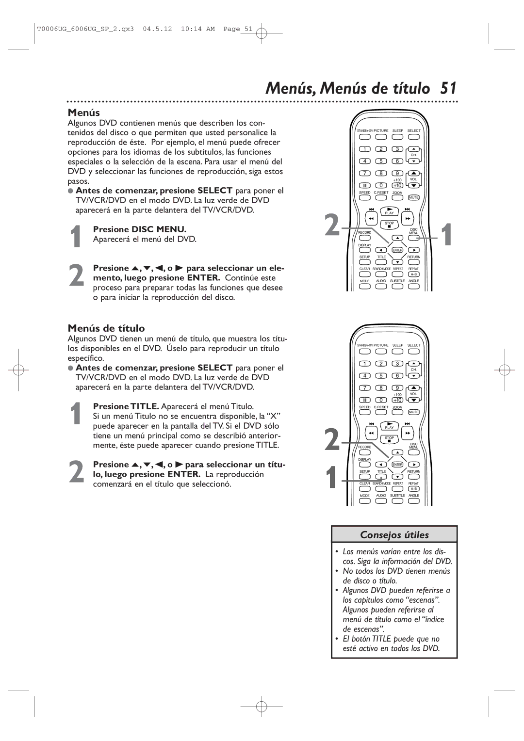 Magnavox 27MDTR20 owner manual Menús, Menús de título, Antes de comenzar, presione Select para poner el, Presione Disc Menu 