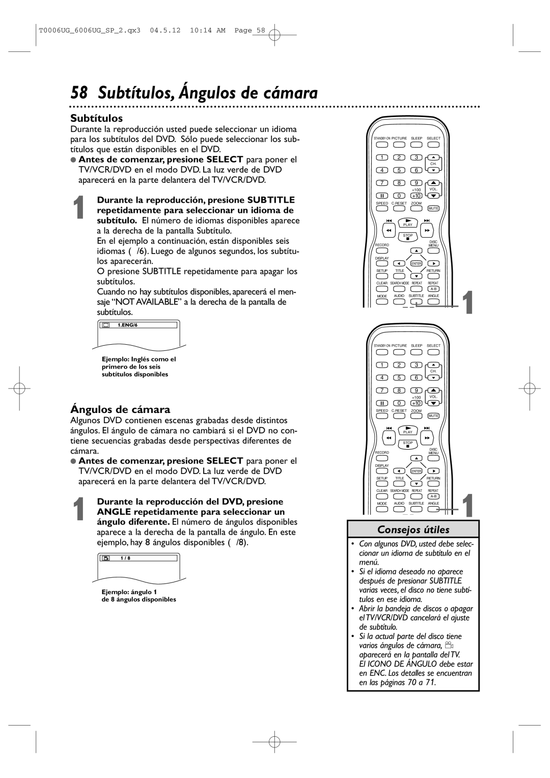 Magnavox 27MDTR20 owner manual Subtítulos, Ángulos de cámara 