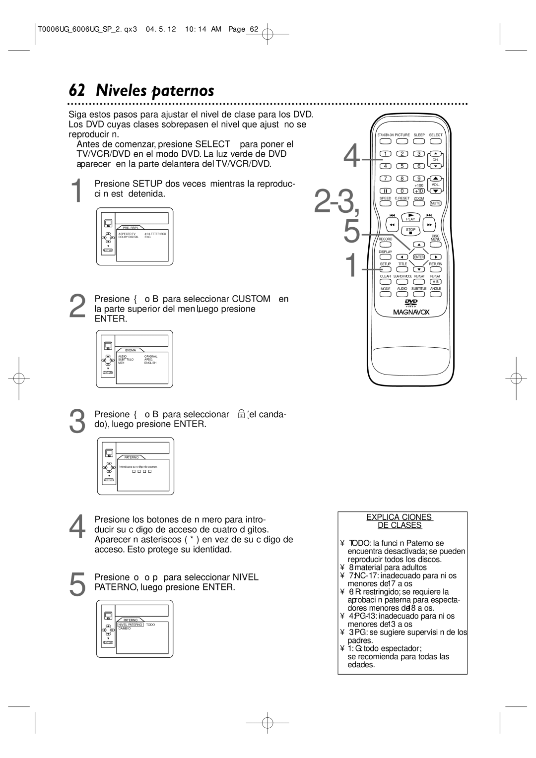 Magnavox 27MDTR20 owner manual Niveles paternos, Presione o B para seleccionar, Do, luego presione Enter 