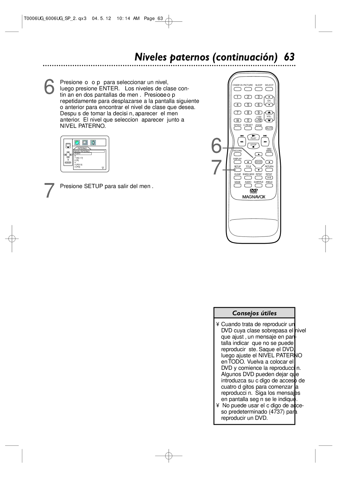 Magnavox 27MDTR20 owner manual Niveles paternos continuación, Presione Setup para salir del menú 