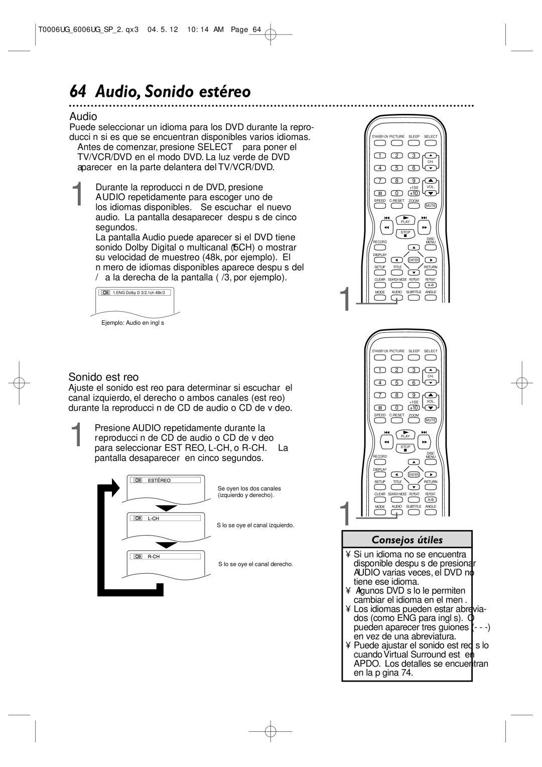 Magnavox 27MDTR20 owner manual Audio, Sonido estéreo 