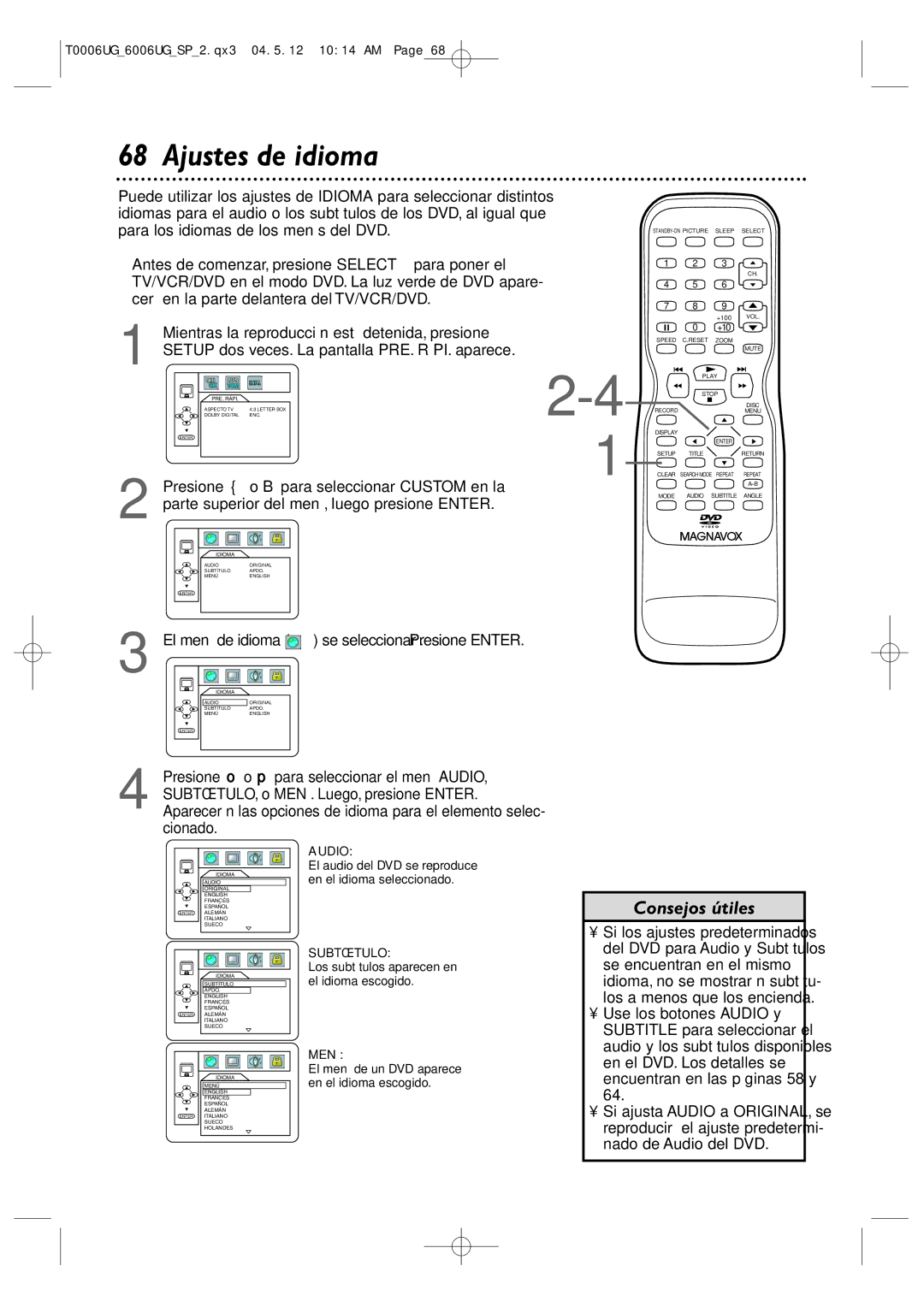 Magnavox 27MDTR20 owner manual Ajustes de idioma, El menú de idioma 