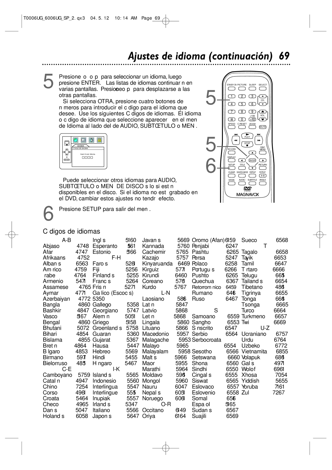 Magnavox 27MDTR20 owner manual Ajustes de idioma continuación, Códigos de idiomas 