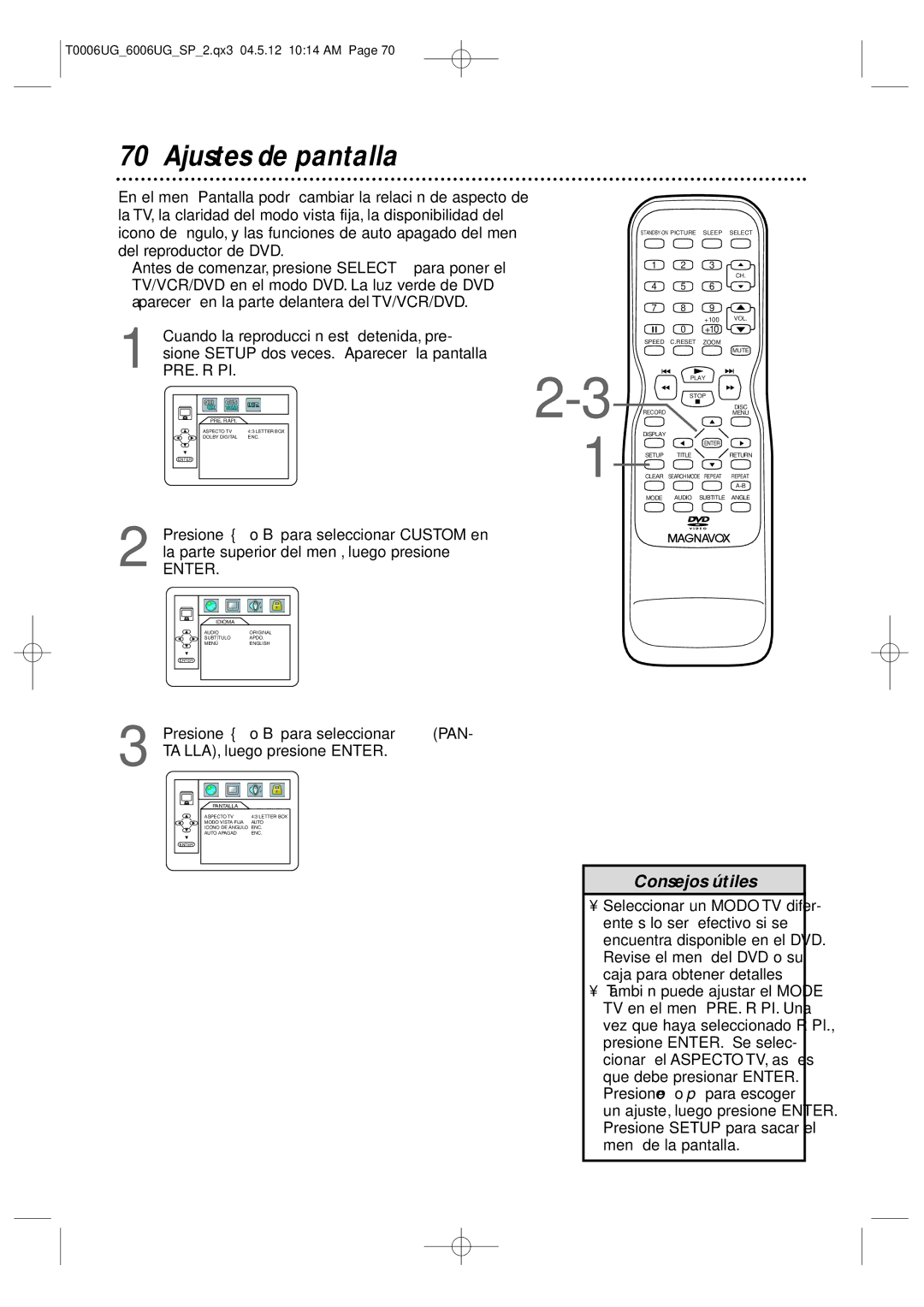 Magnavox 27MDTR20 owner manual Ajustes de pantalla, TALLA, luego presione Enter 