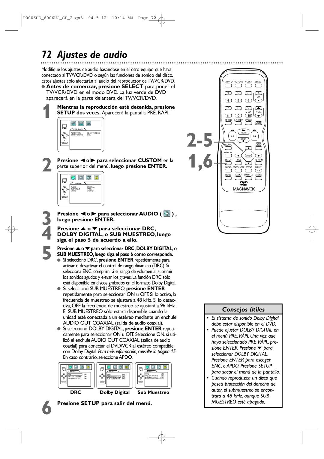 Magnavox 27MDTR20 owner manual Ajustes de audio, Presione Setup para salir del menú 