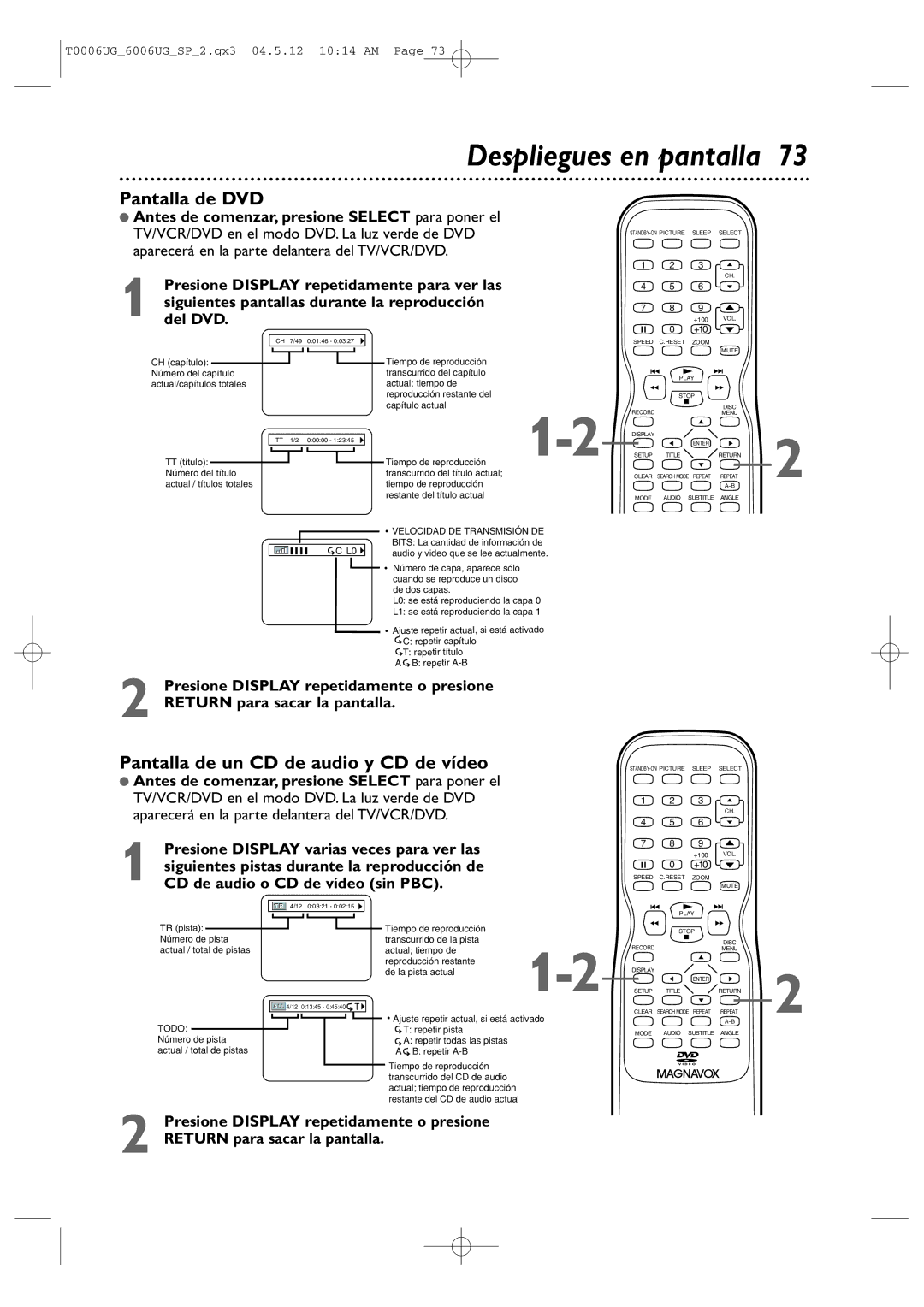 Magnavox 27MDTR20 owner manual Despliegues en pantalla, Pantalla de DVD, Pantalla de un CD de audio y CD de vídeo 