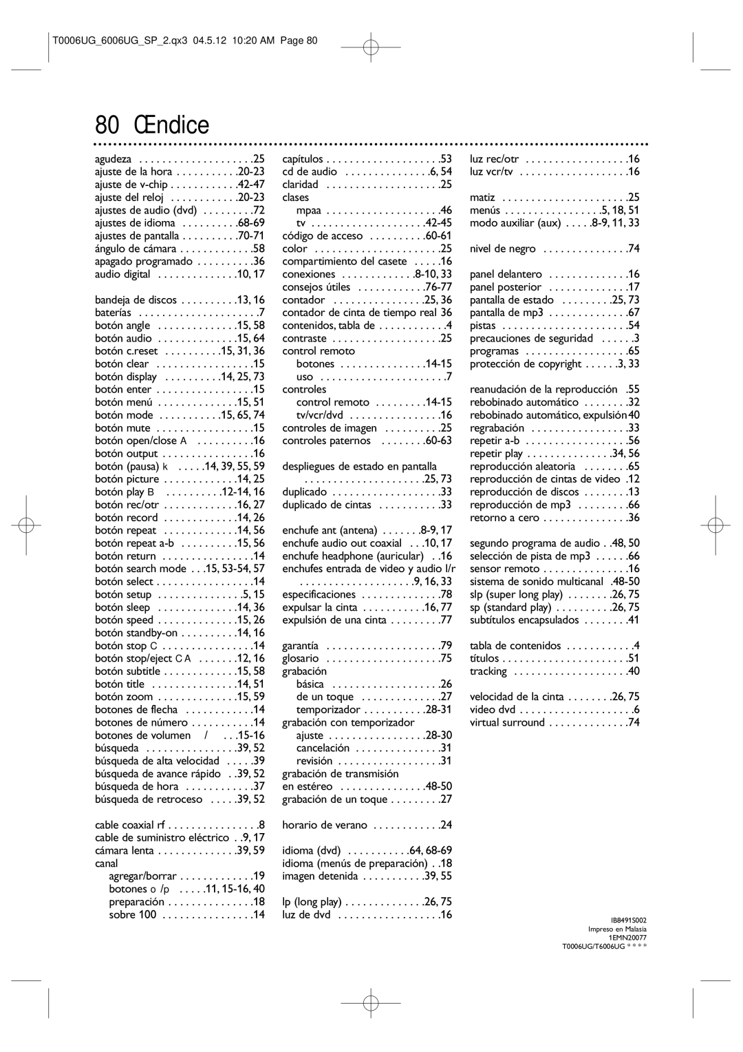 Magnavox 27MDTR20 owner manual 80 Índice 