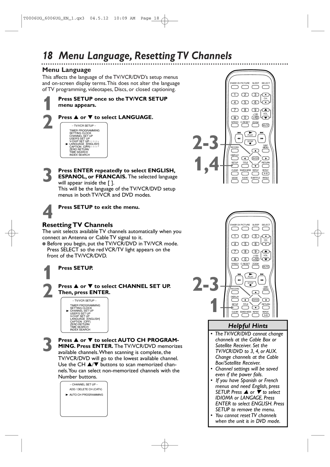 Magnavox 27MDTR20 owner manual Menu Language, Resetting TV Channels, Press Setup to exit the menu 