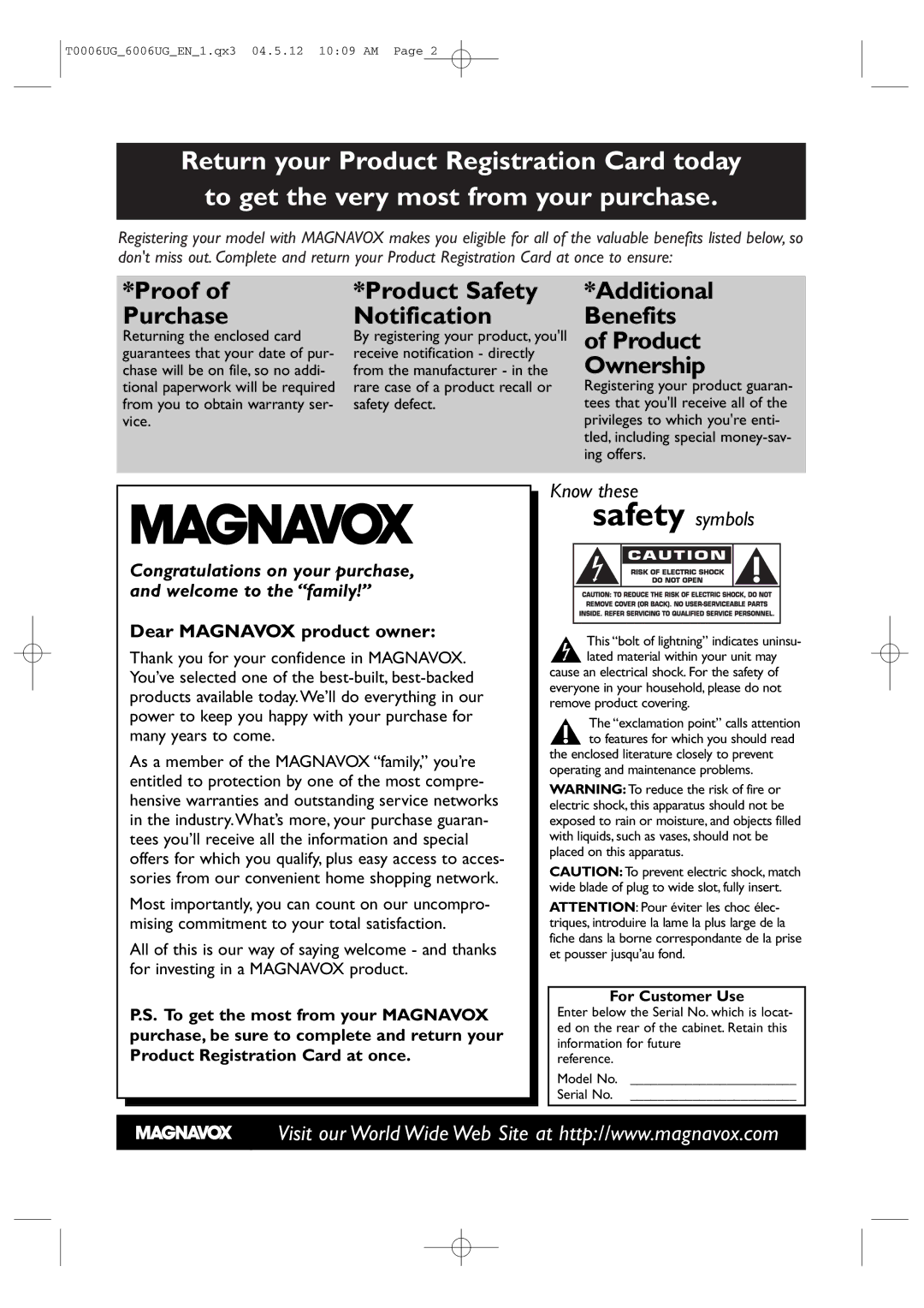 Magnavox 27MDTR20 owner manual Dear Magnavox product owner, Returning the enclosed card, For Customer Use 