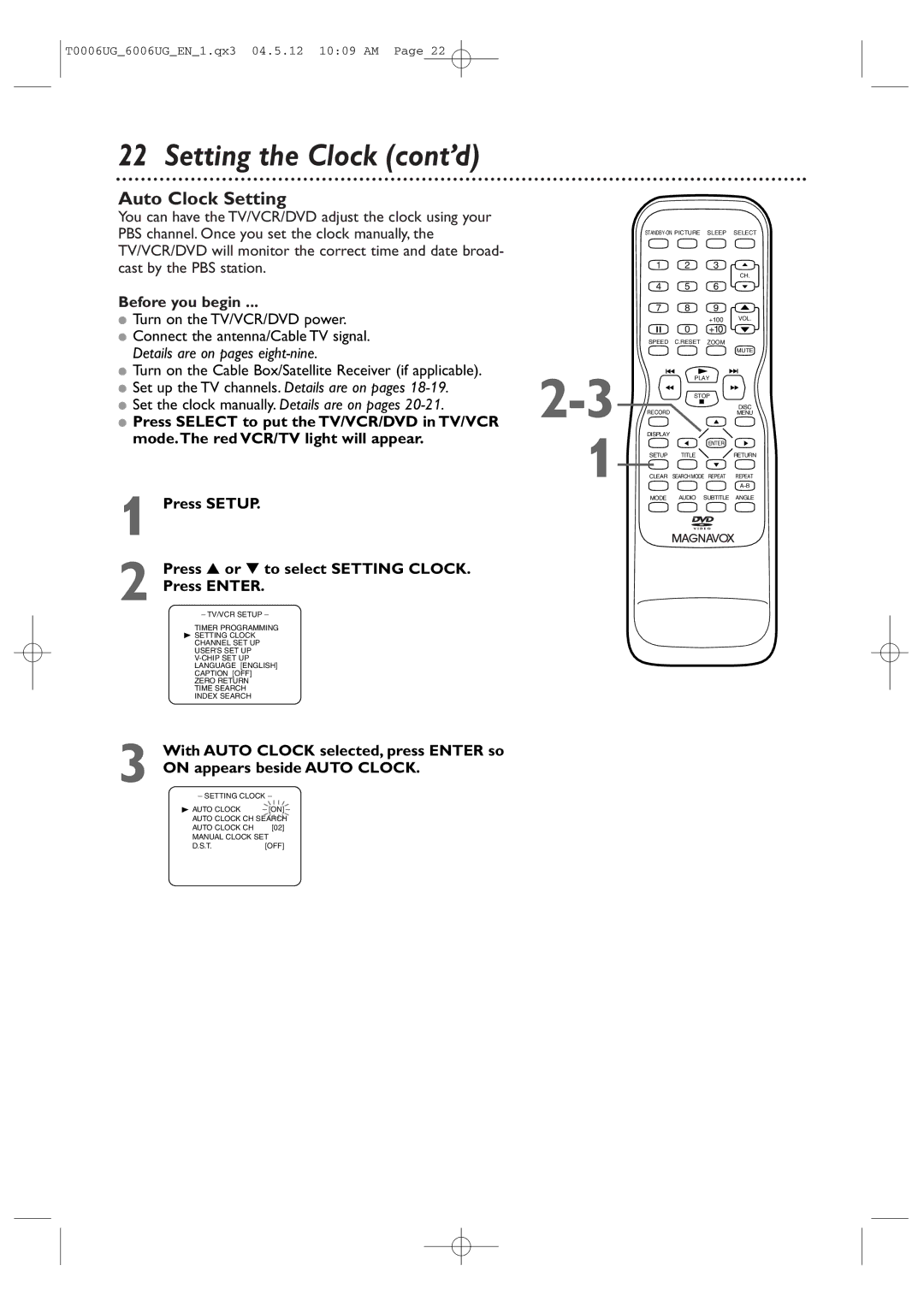 Magnavox 27MDTR20 owner manual Auto Clock Setting, Before you begin, With Auto Clock selected, press Enter so 