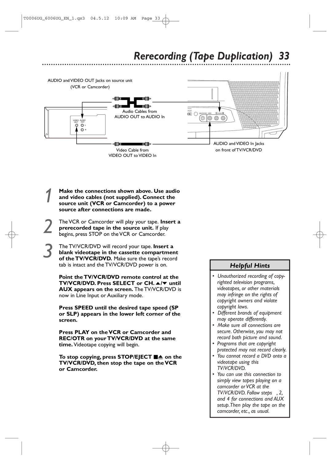 Magnavox 27MDTR20 owner manual Rerecording Tape Duplication 