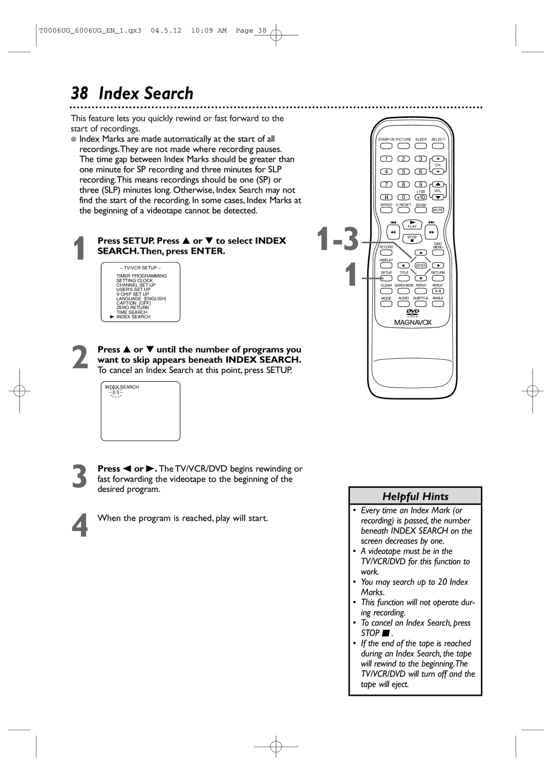 Magnavox 27MDTR20 owner manual Index Search 0 