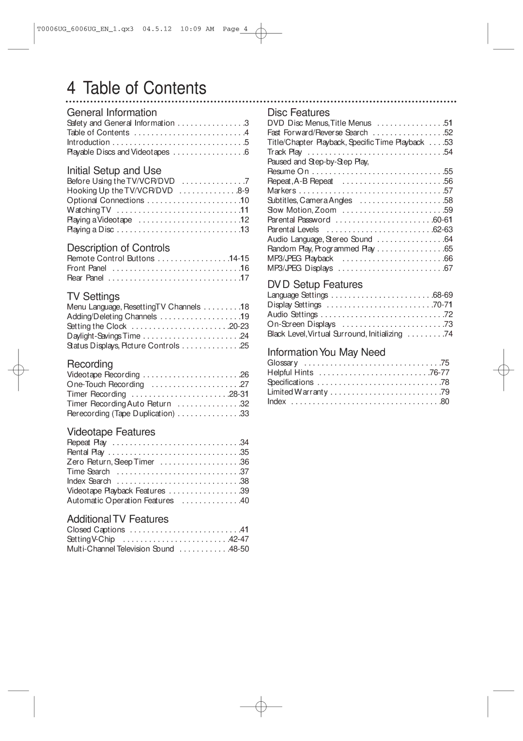 Magnavox 27MDTR20 owner manual Table of Contents 