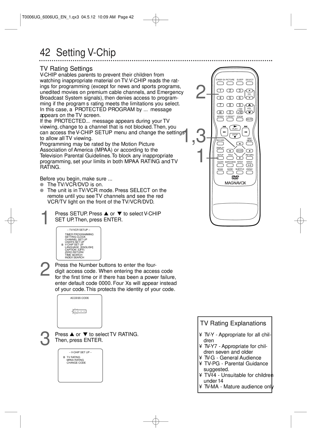 Magnavox 27MDTR20 owner manual Setting V-Chip, TV Rating Settings, TV Rating Explanations, TV/VCR/DVD is on 