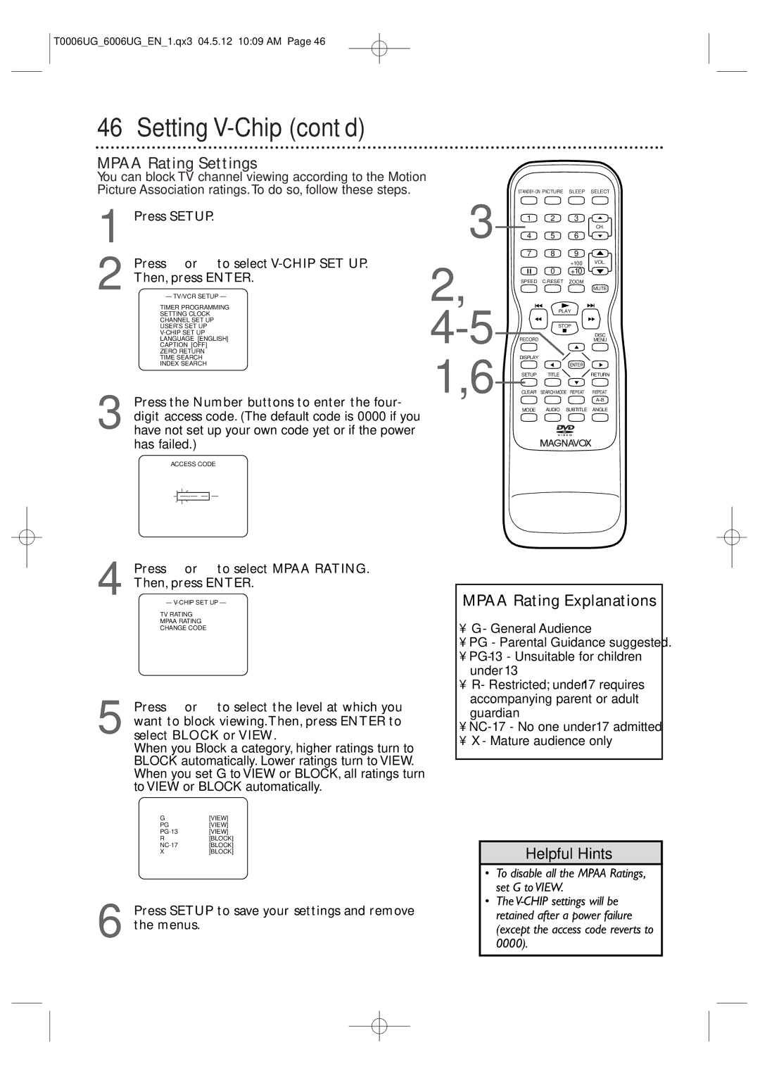 Magnavox 27MDTR20 Mpaa Rating Settings, Mpaa Rating Explanations, Press or to select Mpaa Rating Then, press Enter 