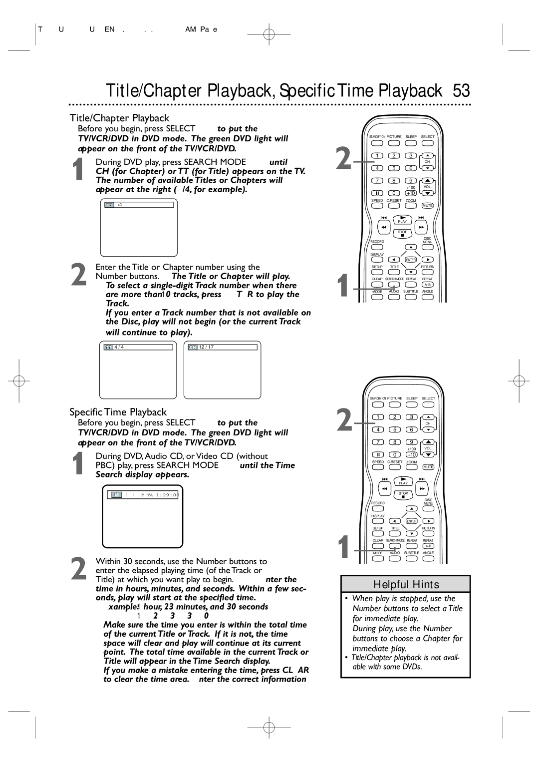 Magnavox 27MDTR20 owner manual Title/Chapter Playback, Specific Time Playback, Will continue to play 