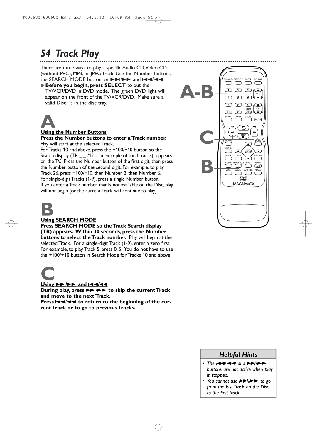 Magnavox 27MDTR20 owner manual Track Play, For single-digit Tracks 1-9, press a single Number button, Using Search Mode 