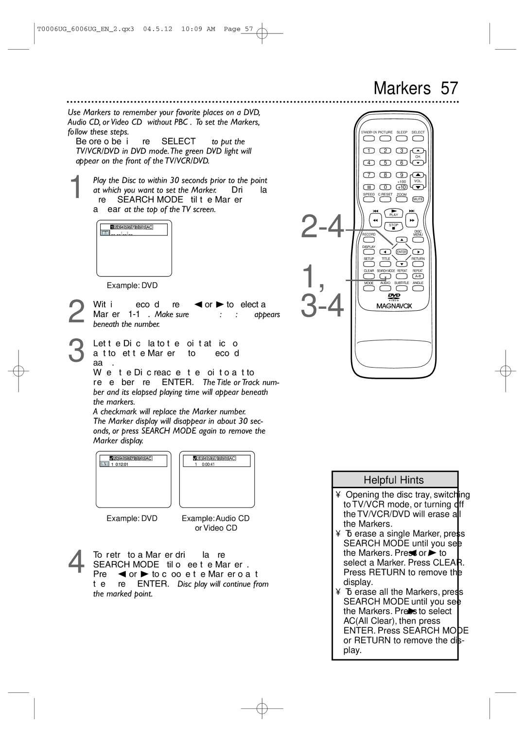 Magnavox 27MDTR20 owner manual Markers, Press Return to remove the display 