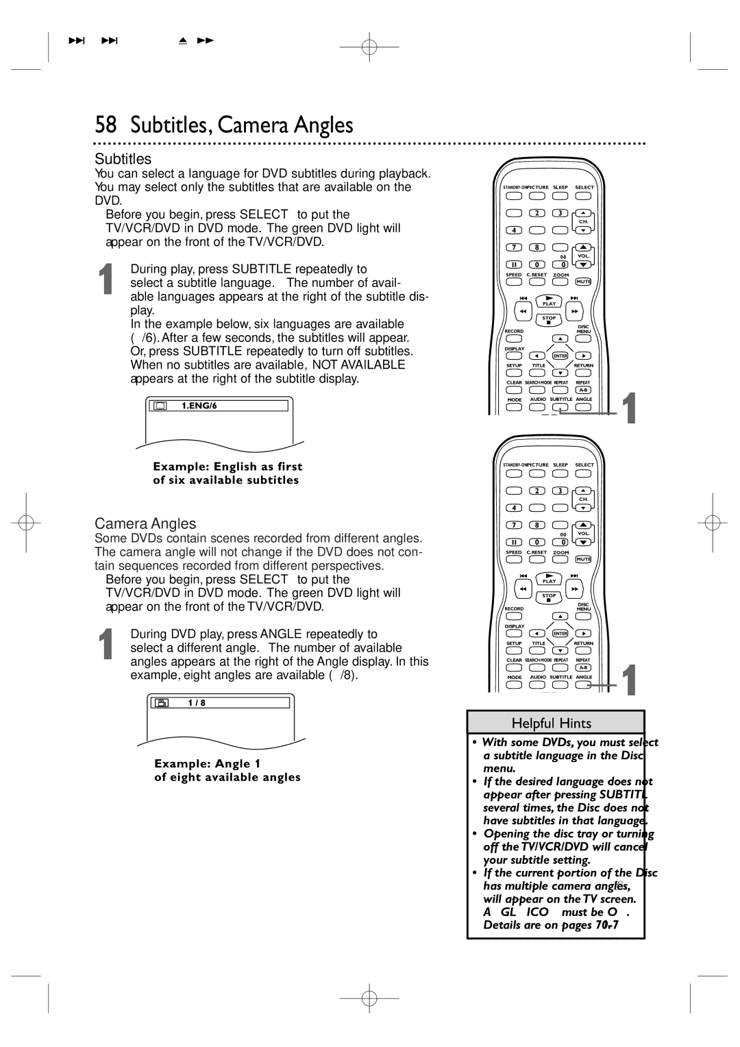 Magnavox 27MDTR20 owner manual Subtitles, Camera Angles, Example below, six languages are available 