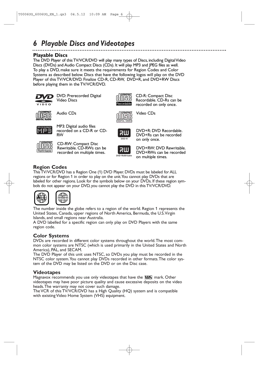 Magnavox 27MDTR20 owner manual Playable Discs, Region Codes, Color Systems, Videotapes 